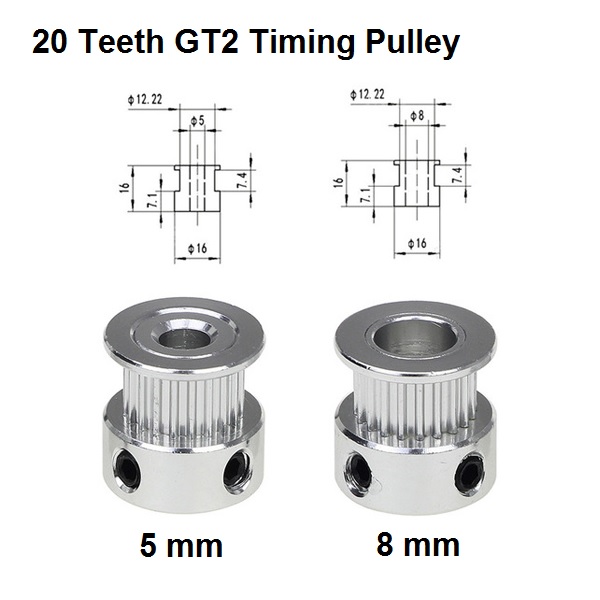 Gt2 timing pulley 5mm 8mm 20 teeth dimensions drawing
